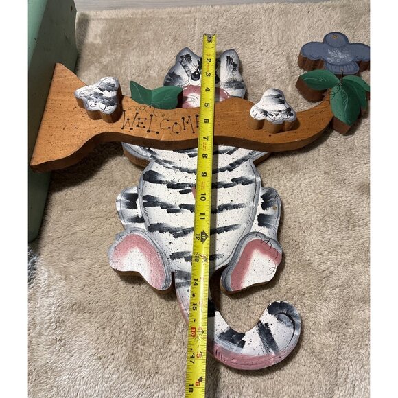 Wooden Cat Welcome Sign Tree Limb Bird Tole Paint Vintage 18" So Cute - Picture 6 of 9